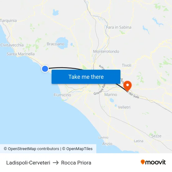 Ladispoli-Cerveteri to Rocca Priora map