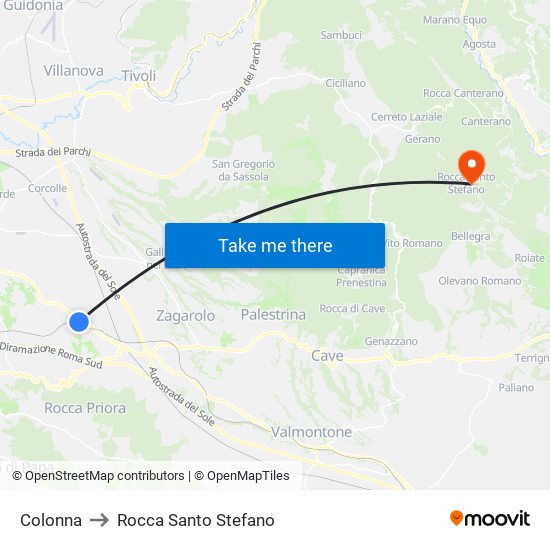 Colonna to Rocca Santo Stefano map