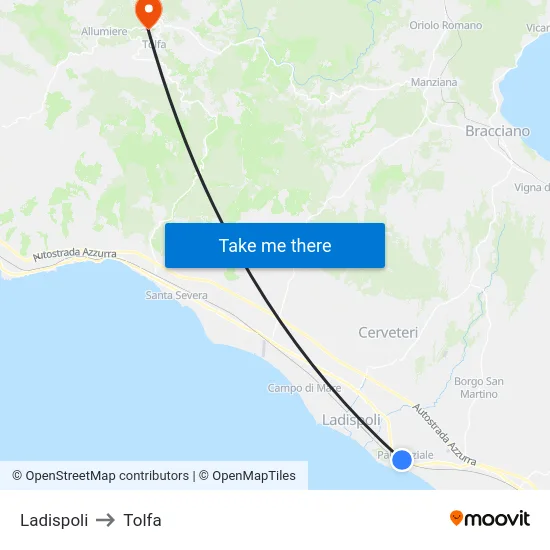 Ladispoli to Tolfa map