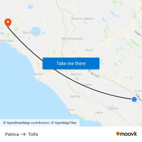 Patrica to Tolfa map