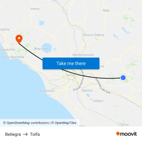 Bellegra to Tolfa map