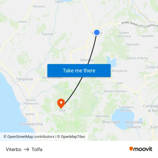 Viterbo to Tolfa map