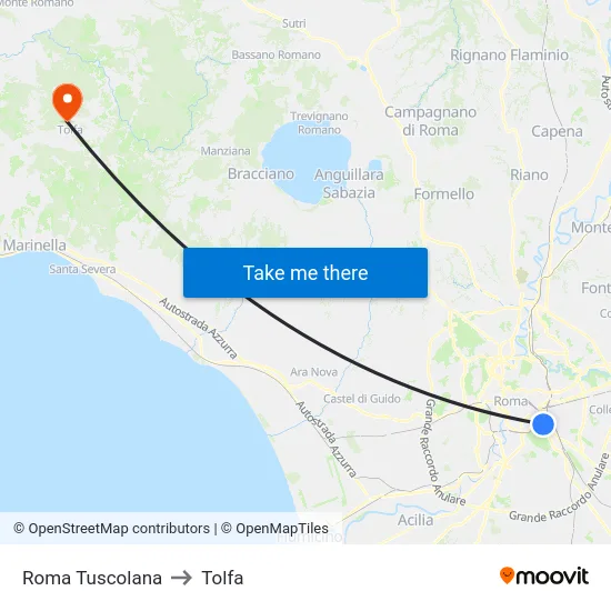 Roma Tuscolana to Tolfa map