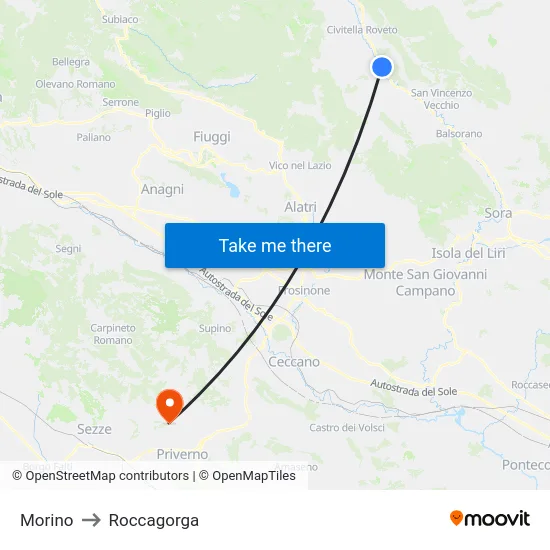 Morino to Roccagorga map