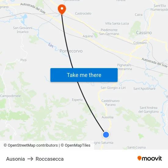 Ausonia to Roccasecca map