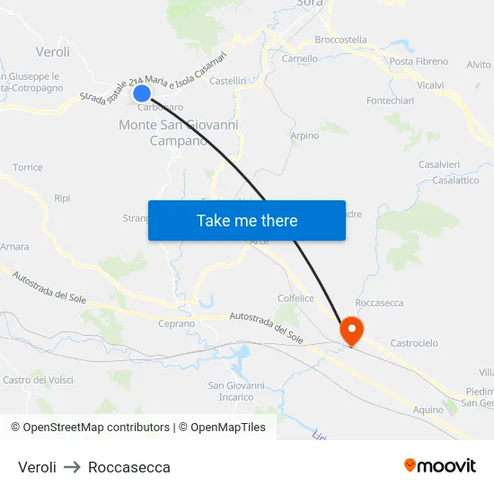 Veroli to Roccasecca map