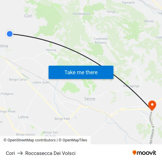 Cori to Roccasecca Dei Volsci map