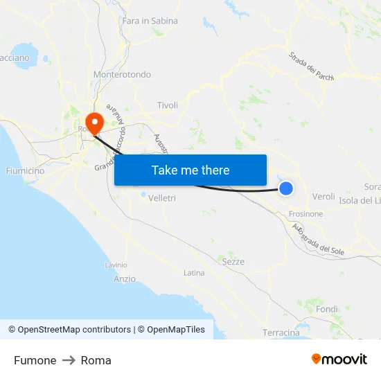 Fumone to Roma map