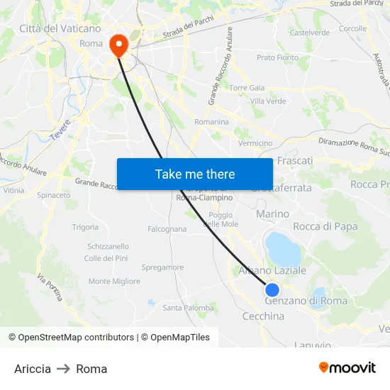 Ariccia to Rome map