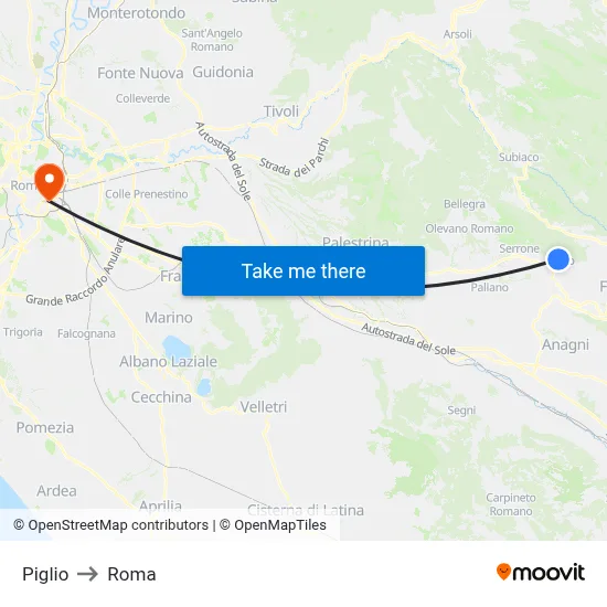 Piglio to Rome map