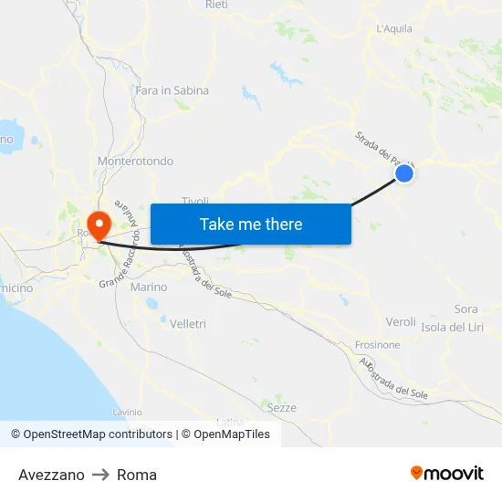 Avezzano to Rome map