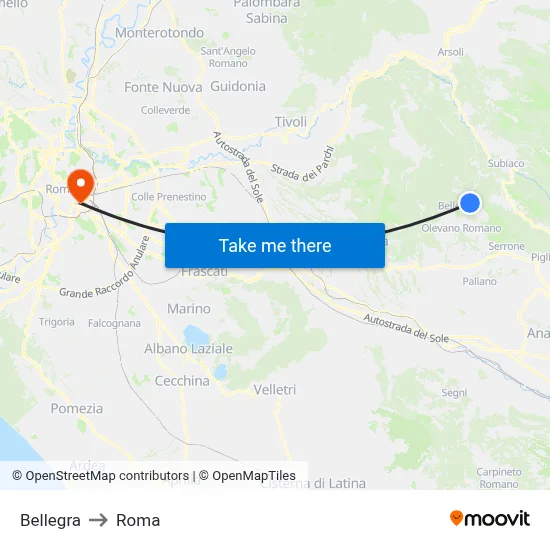 Bellegra to Rome map
