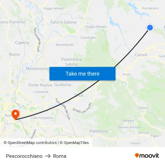 Pescorocchiano to Rome map