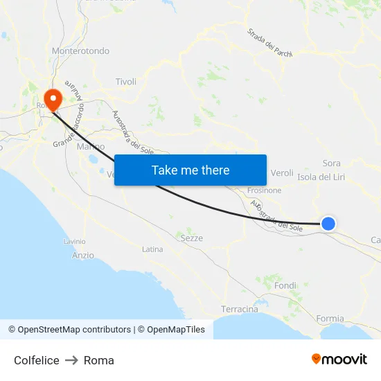 Colfelice to Rome map