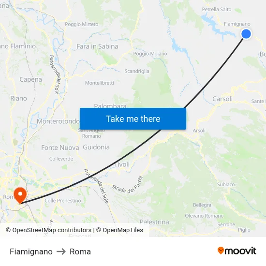 Fiamignano to Roma map