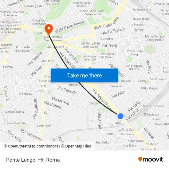 Ponte Lungo to Roma map