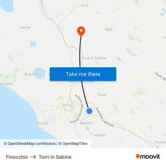 Finocchio to Torri In Sabina map