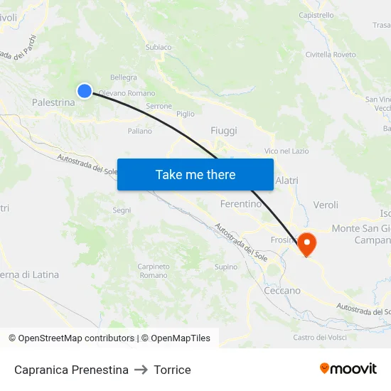 Capranica Prenestina to Torrice map