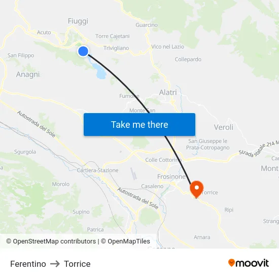 Ferentino to Torrice map
