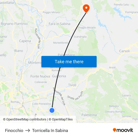Finocchio to Torricella In Sabina map