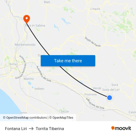 Fontana Liri to Torrita Tiberina map