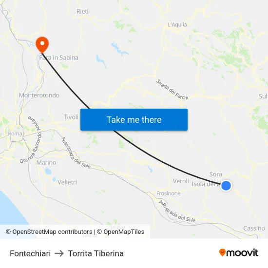 Fontechiari to Torrita Tiberina map