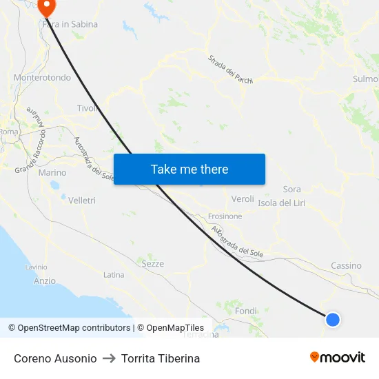 Coreno Ausonio to Torrita Tiberina map