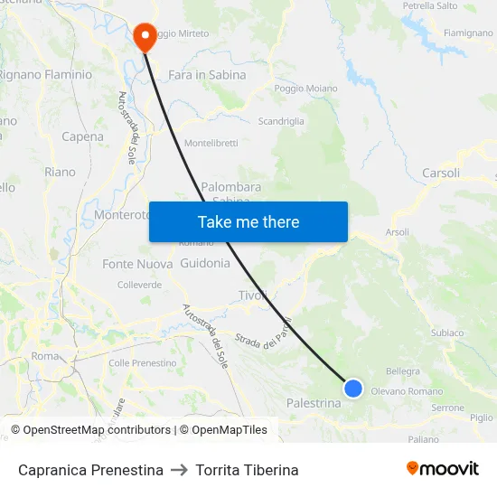 Capranica Prenestina to Torrita Tiberina map