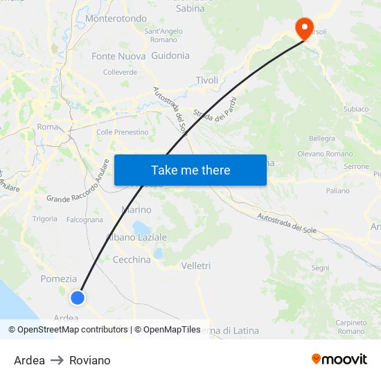 Ardea to Roviano map