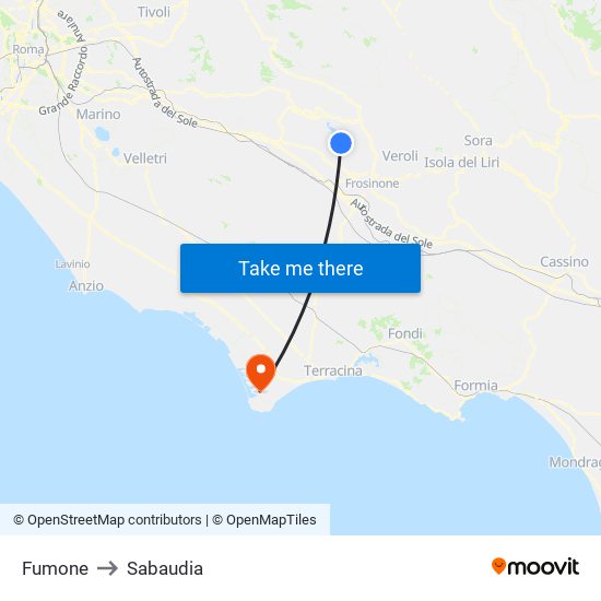 Fumone to Sabaudia map