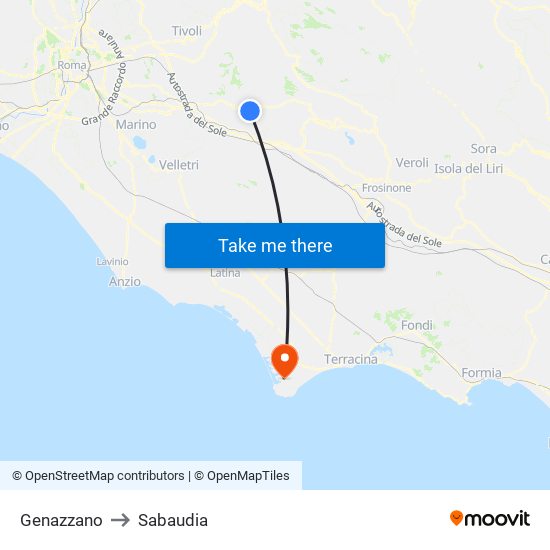 Genazzano to Sabaudia map