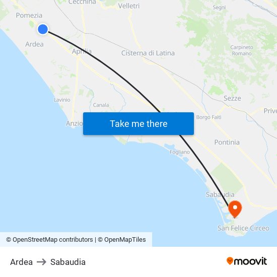 Ardea to Sabaudia map