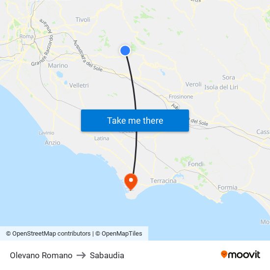 Olevano Romano to Sabaudia map
