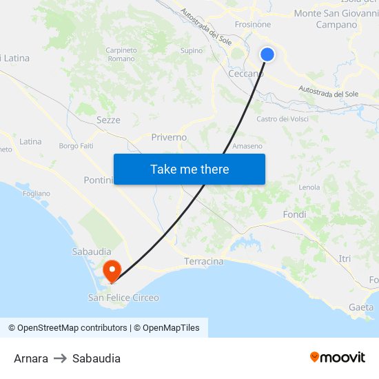 Arnara to Sabaudia map