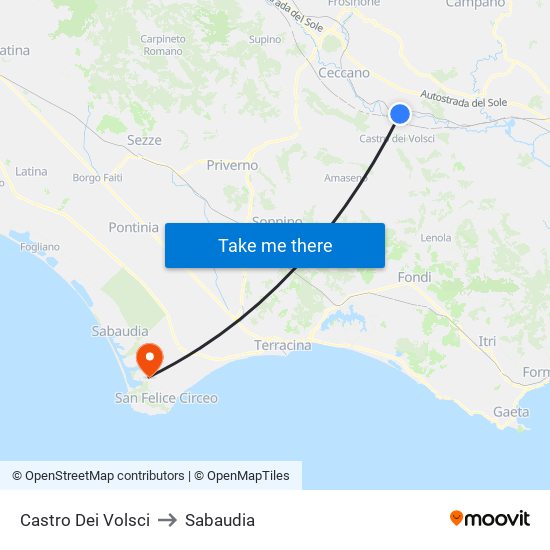 Castro Dei Volsci to Sabaudia map