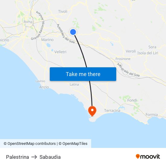 Palestrina to Sabaudia map