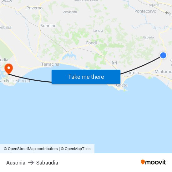 Ausonia to Sabaudia map