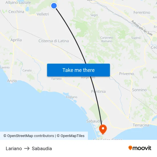 Lariano to Sabaudia map