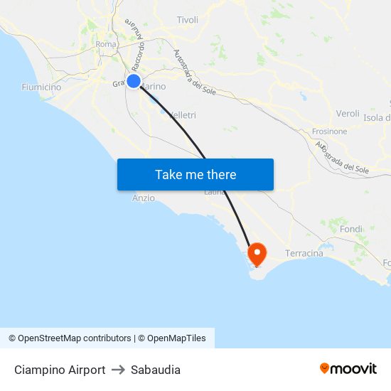 Ciampino Airport to Sabaudia map