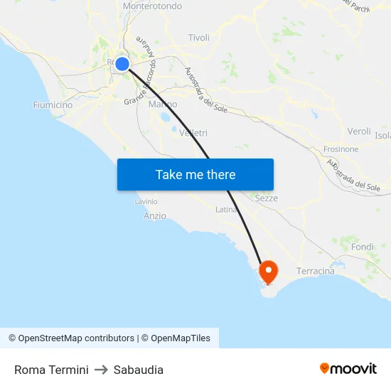 Roma Termini to Sabaudia map