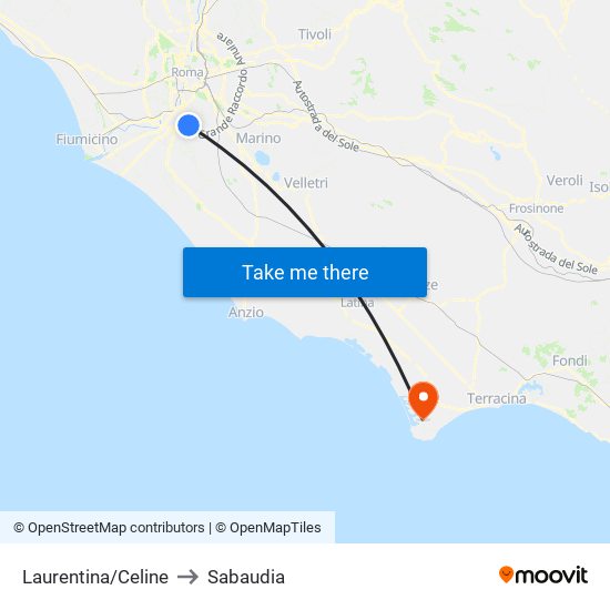 Laurentina/Celine to Sabaudia map