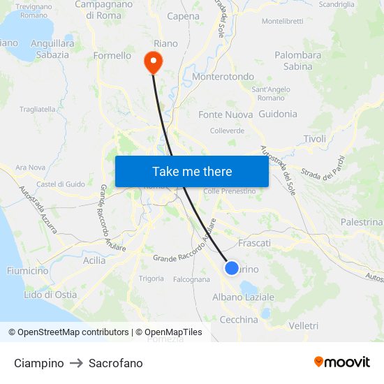 Ciampino to Sacrofano map