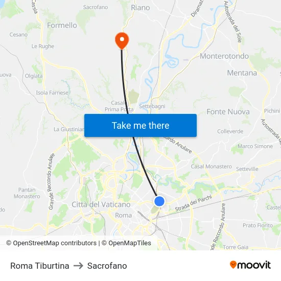 Roma Tiburtina to Sacrofano map