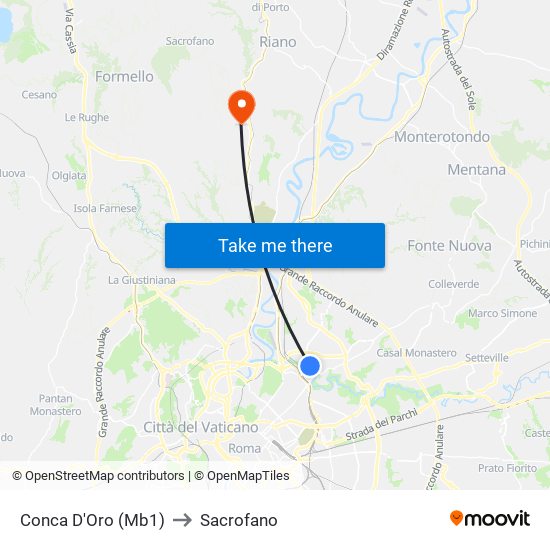 Conca D'Oro (Mb1) to Sacrofano map