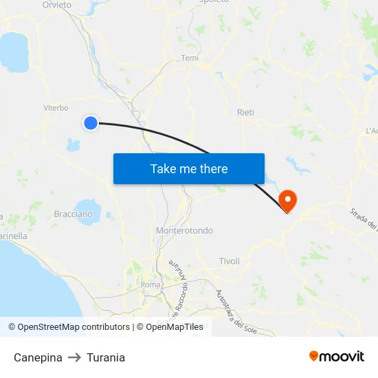 Canepina to Turania map
