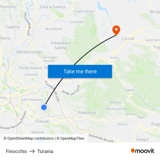 Finocchio to Turania map