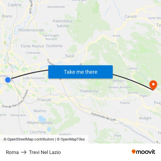 Roma to Trevi Nel Lazio map