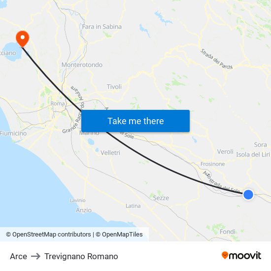 Arce to Trevignano Romano map