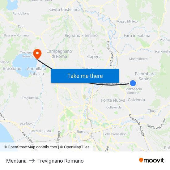 Mentana to Trevignano Romano map