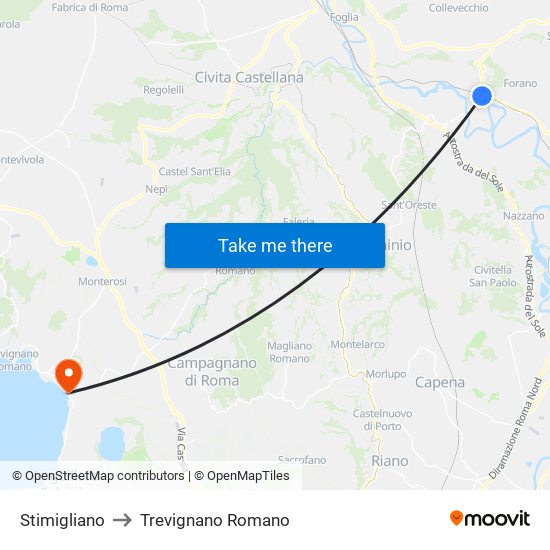 Stimigliano to Trevignano Romano map